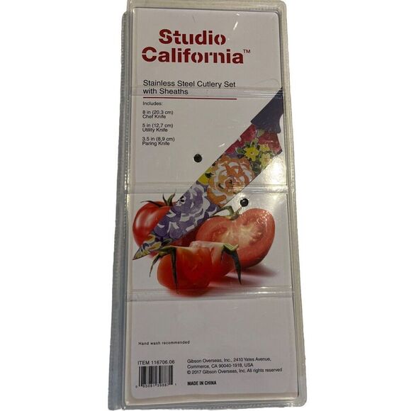 STUDIO CALIFORNIA 3 Piece STAINLESS STEEL DECORATED BLADES CUTLERY SET W/ SHEATH - Picture 3 of 3